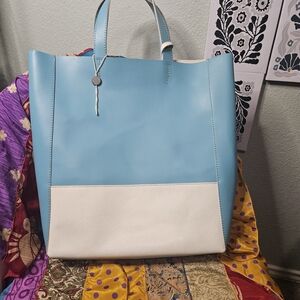 Italian Leathwe Blue and White Tote Bag NWT W. Call Outs, See Pics